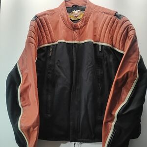 Vintage Harley Davidson Men's Orange And Black- Leather And Wool Jacket